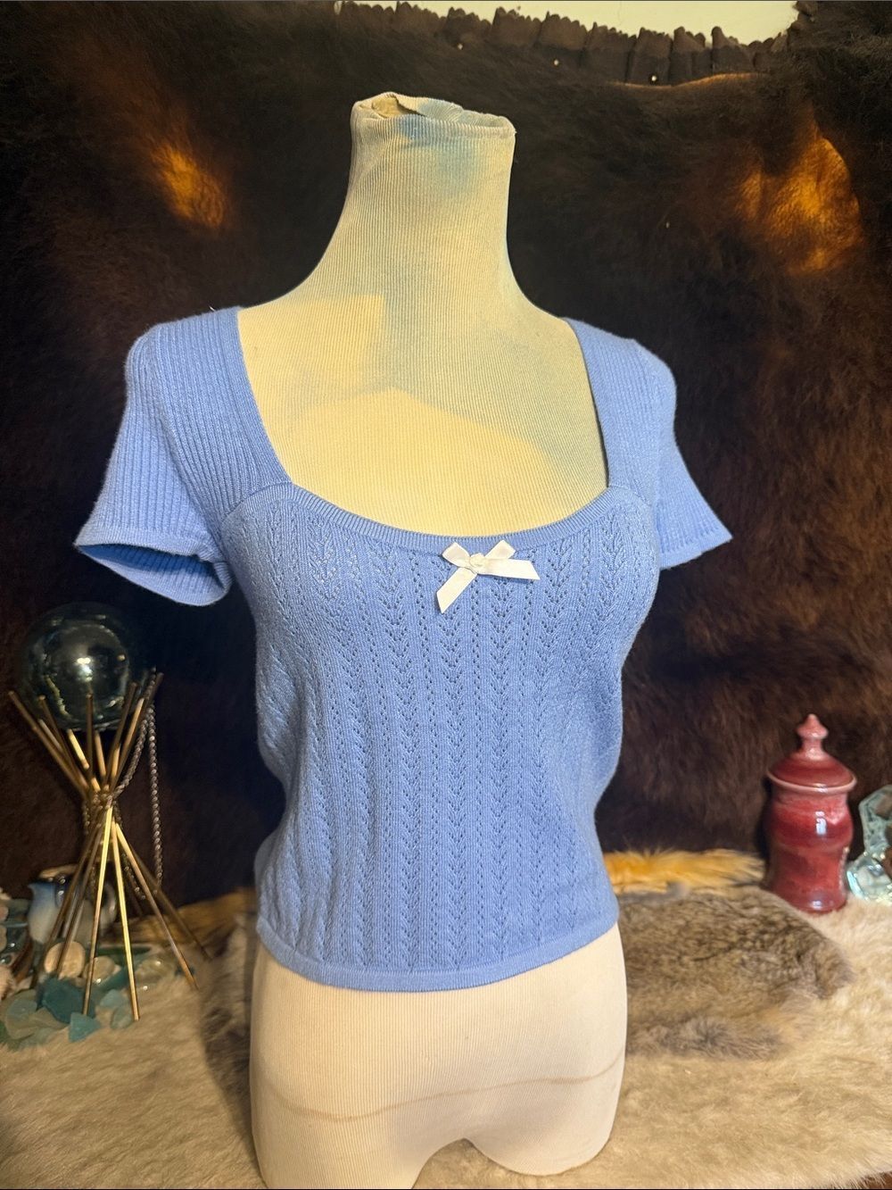 Blue Knit Short-Sleeve Scoop Neck Top M (1600)